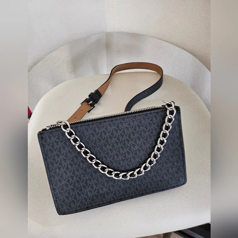 Michael Kors Black MK Logo Fanny Pack Belt Bag Chain Accent Zip Waist Crossbody.